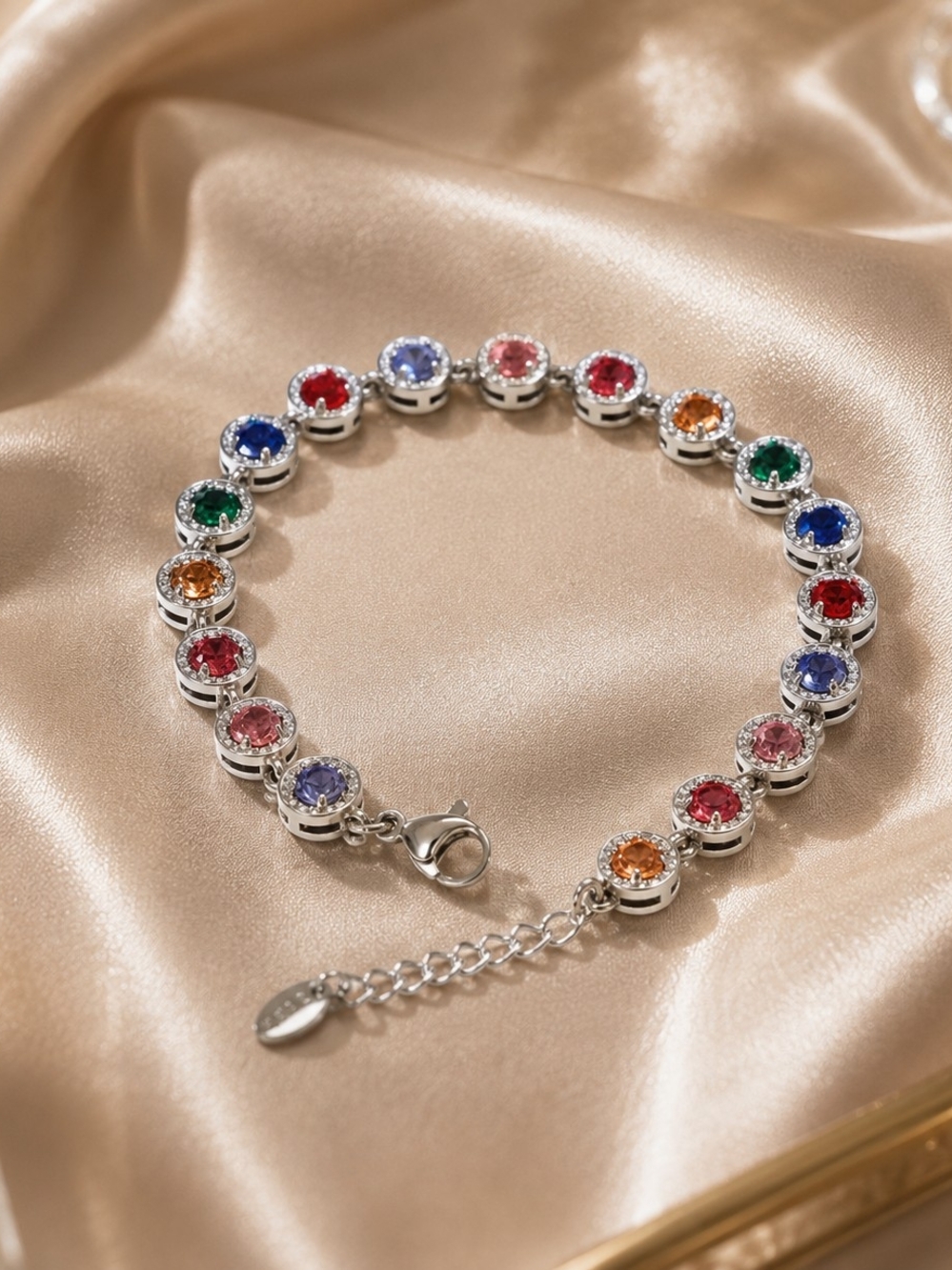 Multicolor Crystal Link Bracelet in Silver-Tone
